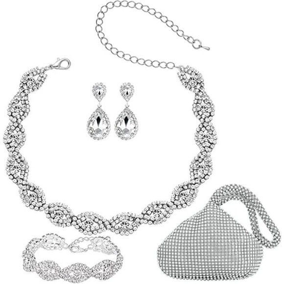 Silver Crystal Necklace Set Cubic Rhinestone Necklace Bracelet Earrings Handbag - Picture 1 of 7